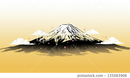 Beautiful view of Mount Fuji, a symbol of Japan, covered in snow with clouds flowing in a Japanese style illustration Beautiful view of Mount Fuji, a symbol of Japan, covered in snow with clouds flowing in a Japanese style illustration 135083906