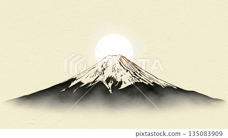 Beautiful view of Mount Fuji, a symbol of Japan, covered in snow with clouds flowing in a Japanese style illustration 135083909