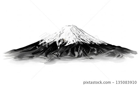 Beautiful view of Mount Fuji, a symbol of Japan, covered in snow with clouds flowing in a Japanese style illustration 135083910