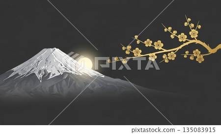 富士山景色優美，它是日本的象徵，白雪皚皚，雲霧繚繞，宛如一幅日式插畫。 135083915