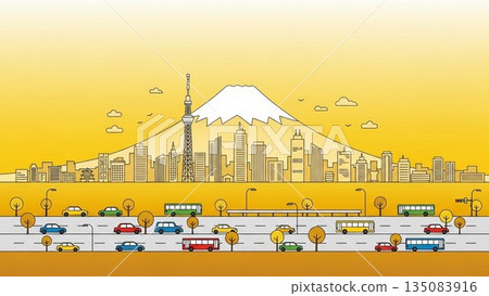 Beautiful view of Mount Fuji, a symbol of Japan, covered in snow with clouds flowing in a Japanese style illustration 135083916