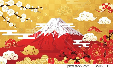 Beautiful view of Mount Fuji, a symbol of Japan, covered in snow with clouds flowing in a Japanese style illustration 135083919