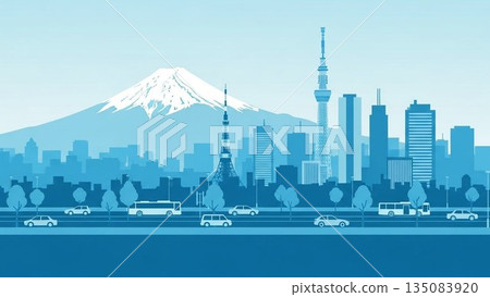 Beautiful view of Mount Fuji, a symbol of Japan, covered in snow with clouds flowing in a Japanese style illustration Beautiful view of Mount Fuji, a symbol of Japan, covered in snow with clouds flowing in a Japanese style illustration 135083920