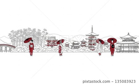 Beautiful view of Mount Fuji, a symbol of Japan, covered in snow with clouds flowing in a Japanese style illustration 135083923