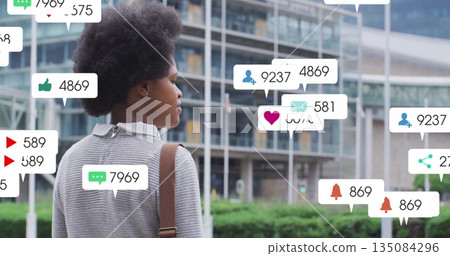 Image of social media notification icons overlaying person standing outdoors 135084296