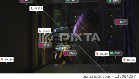 In school, image technician working on server cables with notifications overlay 135084297