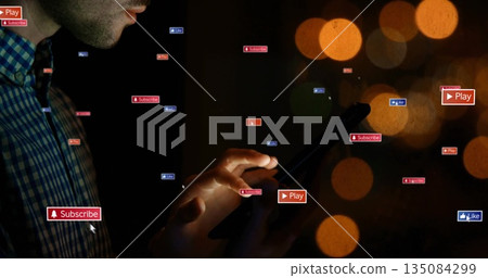 Holding smartphone, person interacting with image buttons over blurred lights Holding smartphone, person interacting with image buttons over blurred lights 135084299