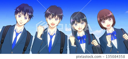 一幅動漫風格的插畫，描繪了一位高中或初中男生和一位女生，他們背著背包，書包，背景是廣闊的藍天。 135084358