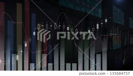Displaying financial data on trading platform interface, with candlestick chart and bar graphs Displaying financial data on trading platform interface, with candlestick chart and bar graphs 135084737
