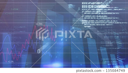 Displaying data interface at office window frames, showing red and blue graphs with code text Displaying data interface at office window frames, showing red and blue graphs with code text 135084749