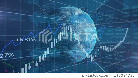 Displaying Earth globe on financial dashboard with candlestick charts and percentage indicators Displaying Earth globe on financial dashboard with candlestick charts and percentage indicators 135084753