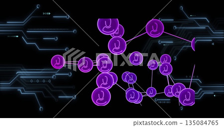 Linking glowing purple nodes by neon lines into data network on digital canvas, with blue circuits Linking glowing purple nodes by neon lines into data network on digital canvas, with blue circuits 135084765