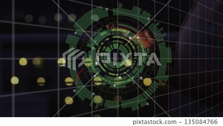 Projecting circular holographic interface over 3D grid in control room, with floating yellow flares 135084766