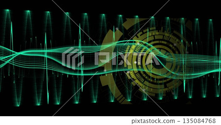 Animating neon green waveform with golden yellow interface in digital panel, sparks accenting data 135084768