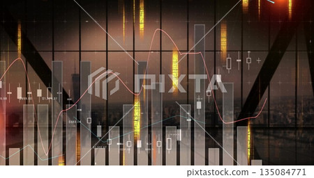 Projecting market data over high-rise window at dusk, with glowing candlesticks and line graph Projecting market data over high-rise window at dusk, with glowing candlesticks and line graph 135084771