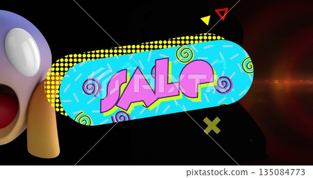 Displaying cyan oval banner reading SALE on dark backdrop with yellow halftone dots, 3D shapes Displaying cyan oval banner reading SALE on dark backdrop with yellow halftone dots, 3D shapes 135084773