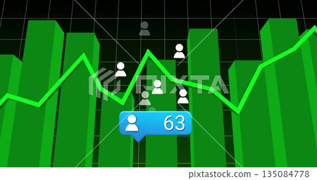 Displaying 3D green bars and line graph on grid dashboard, featuring blue tooltip and user icons Displaying 3D green bars and line graph on grid dashboard, featuring blue tooltip and user icons 135084778