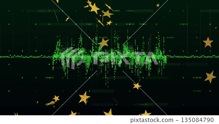 Displaying central green waveform pulsing in abstract digital scene, with golden star shapes 135084790