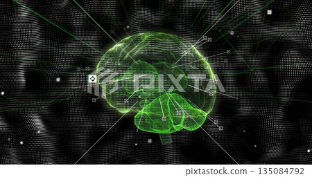 Floating green wireframe brain glowing in digital data field, with square nodes and connector lines Floating green wireframe brain glowing in digital data field, with square nodes and connector lines 135084792