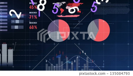 Dashboard displaying stats, pie charts, world map and floating numerals on screen 135084793