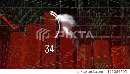 Displaying 3D globe updating data on virtual dashboard, with wireframe maps and numeric readouts Displaying 3D globe updating data on virtual dashboard, with wireframe maps and numeric readouts 135084795