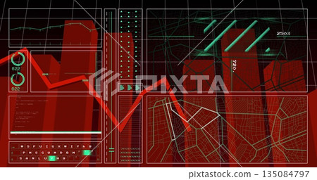 Displaying data dashboard at command center console, with line and bar charts and map overlay Displaying data dashboard at command center console, with line and bar charts and map overlay 135084797