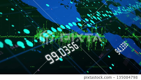 Displaying world map on dashboard, with cyan markers, green bar graphs, white numeric labels 135084798