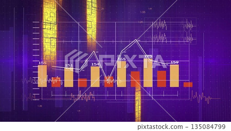 Displaying combined bar and line chart on digital display, with yellow bars and numeric labels 135084799