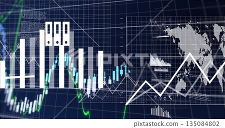 Displaying financial market analytics on dashboard, with candlestick charts, trend line, world map Displaying financial market analytics on dashboard, with candlestick charts, trend line, world map 135084802