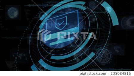 Scanning central computer monitor icon emitting rings on cyber interface, with shield checkmark Scanning central computer monitor icon emitting rings on cyber interface, with shield checkmark 135084816