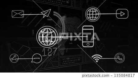 Displaying white globe icon connecting envelope, smartphone, chat bubble, Wi-Fi icons at dashboard Displaying white globe icon connecting envelope, smartphone, chat bubble, Wi-Fi icons at dashboard 135084817