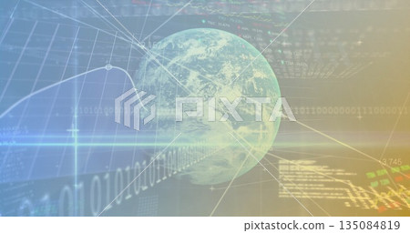 Rotating transparent Earth globe in virtual data interface, with binary code and grid 135084819