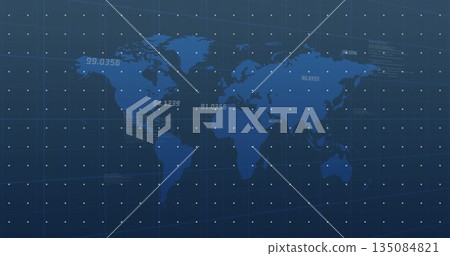 Displaying vector world map with grid overlay on analytics dashboard and floating-point data labels Displaying vector world map with grid overlay on analytics dashboard and floating-point data labels 135084821