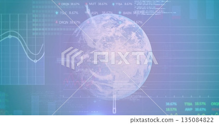 Floating holographic Earth sphere rotating on digital dashboard, showing line chart, bar graph data Floating holographic Earth sphere rotating on digital dashboard, showing line chart, bar graph data 135084822