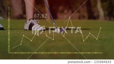 Golfer's lower legs aligning iron club on putting green, with ball, analytics overlay showing 87 Golfer's lower legs aligning iron club on putting green, with ball, analytics overlay showing 87 135084833