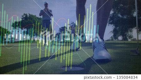 Positioning foot in white golf shoe by hole with ball on green, chart overlay, copy space Positioning foot in white golf shoe by hole with ball on green, chart overlay, copy space 135084834