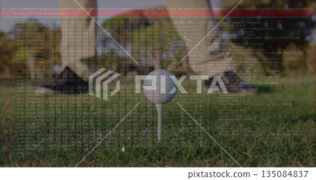 Standing grey and white goat hiding behind metal stool on grassy field, with code overlays 135084837