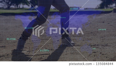 Standing man's legs wearing laced boots on dirt field, overlaying grid with floating numeric labels 135084844