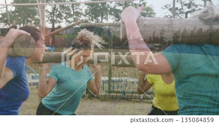 Carrying heavy wooden logs women wearing sportswear stepping through muddy park obstacle run, nets 135084859