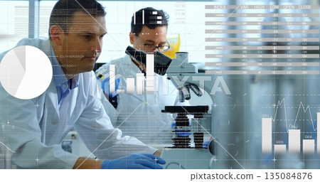 Two scientists in white lab coats and gloves adjusting microscope at lab bench, with data overlays 135084876