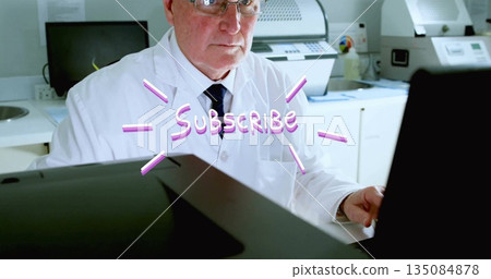 Analyzing data, male scientist wearing lab coat examining screens at lab bench, with color wheel Analyzing data, male scientist wearing lab coat examining screens at lab bench, with color wheel 135084878