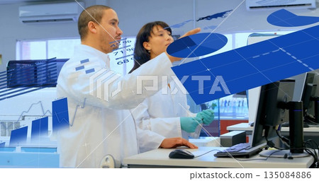 Analyzing digital charts two researchers wearing lab coats at lab bench, with computer and pipette 135084886
