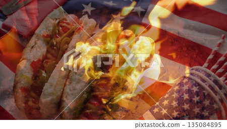 Displaying 3 flaming tacos with meat, peppers, sauce on wood board, American flag overlay and picks 135084895