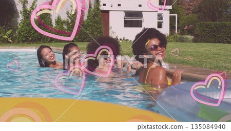 Leaning four women wearing swimwear smiling in backyard pool, with yellow float and heart overlays Leaning four women wearing swimwear smiling in backyard pool, with yellow float and heart overlays 135084940