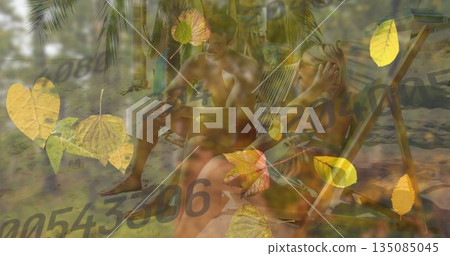 Relaxing couple wearing board shorts and bikini reading book on beach chairs, with numeric text Relaxing couple wearing board shorts and bikini reading book on beach chairs, with numeric text 135085045
