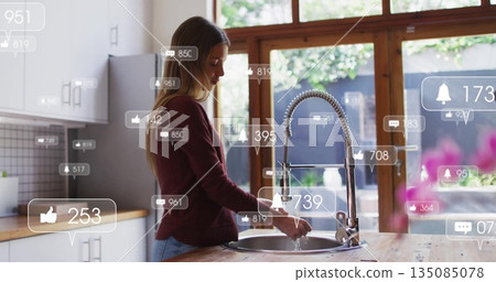 Woman rinsing dishes under pull-down faucet at kitchen sink with social media overlays, copy space Woman rinsing dishes under pull-down faucet at kitchen sink with social media overlays, copy space 135085078