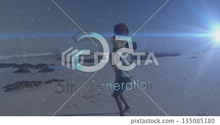 Piggybacking couple in swimwear walking along beach, with lens flare, 5th Generation logo overlay Piggybacking couple in swimwear walking along beach, with lens flare, 5th Generation logo overlay 135085180
