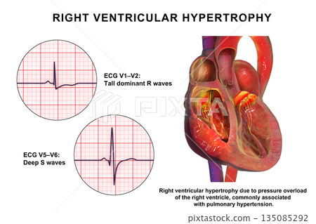 Right ventricular hypertrophy, 3D illustration showing thickened right ventricular myocardium with ECG examples in leads V1-V2 and V5-V6 demonstrating characteristic voltage changes. 135085292