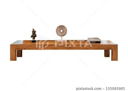 Long wooden table with sculptures placed on top. Photo on white background. Isolated object. 135085985