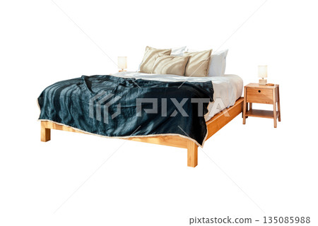 Simple and modern lighting design in sunlight. Double bed, carpet, furniture on white wall background. Large window with curtains in the morning in the bedroom. isolated on white background Simple and modern lighting design in sunlight. Double bed, carpet, furniture on white wall background. Large window with curtains in the morning in the bedroom. isolated on white background 135085988